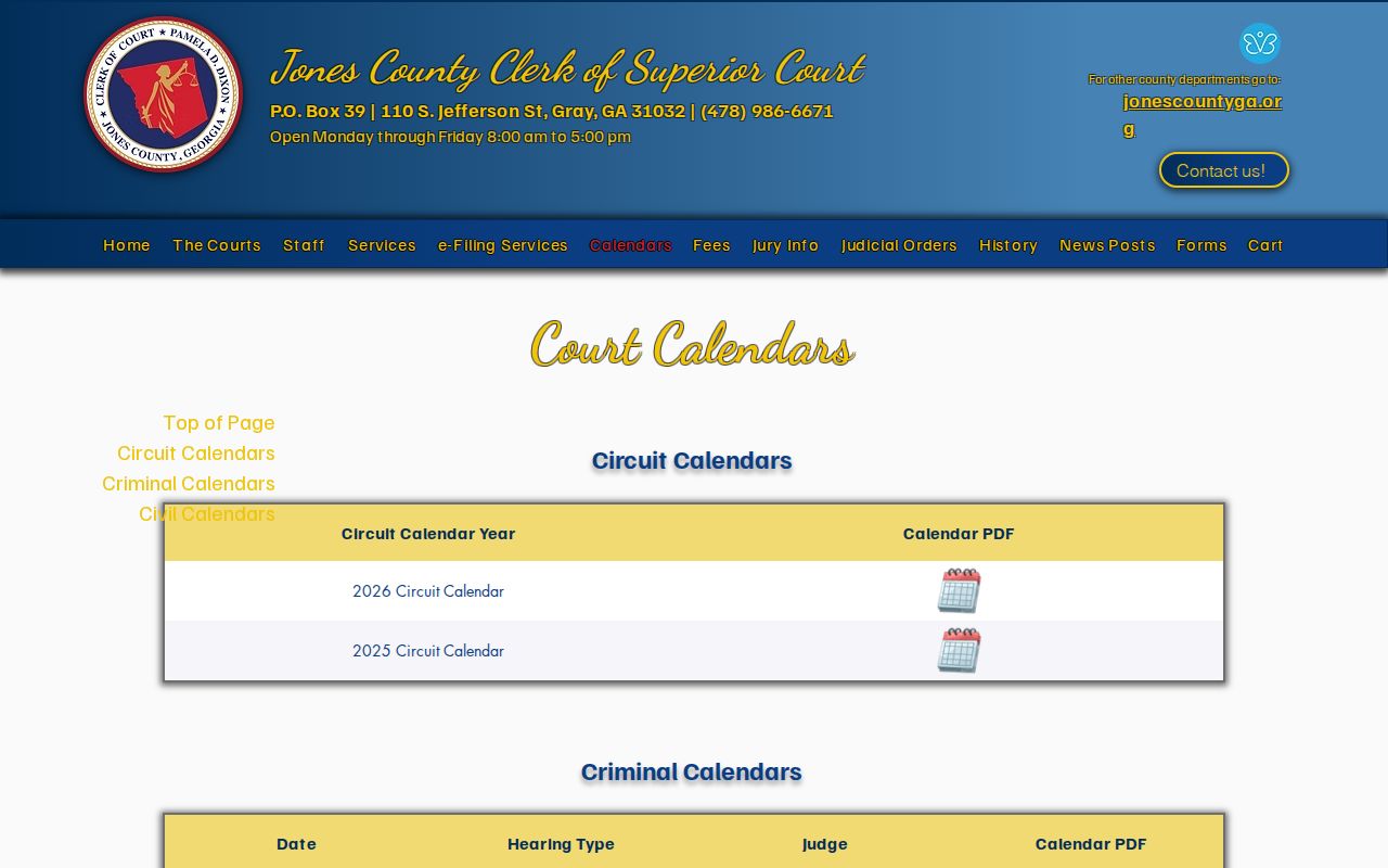 Jones County Superior Court calendar index