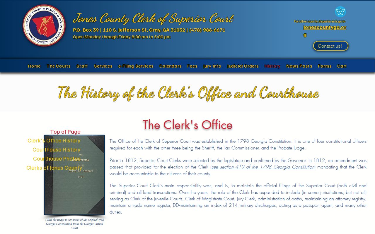 Jones County courthouse and clerk history page