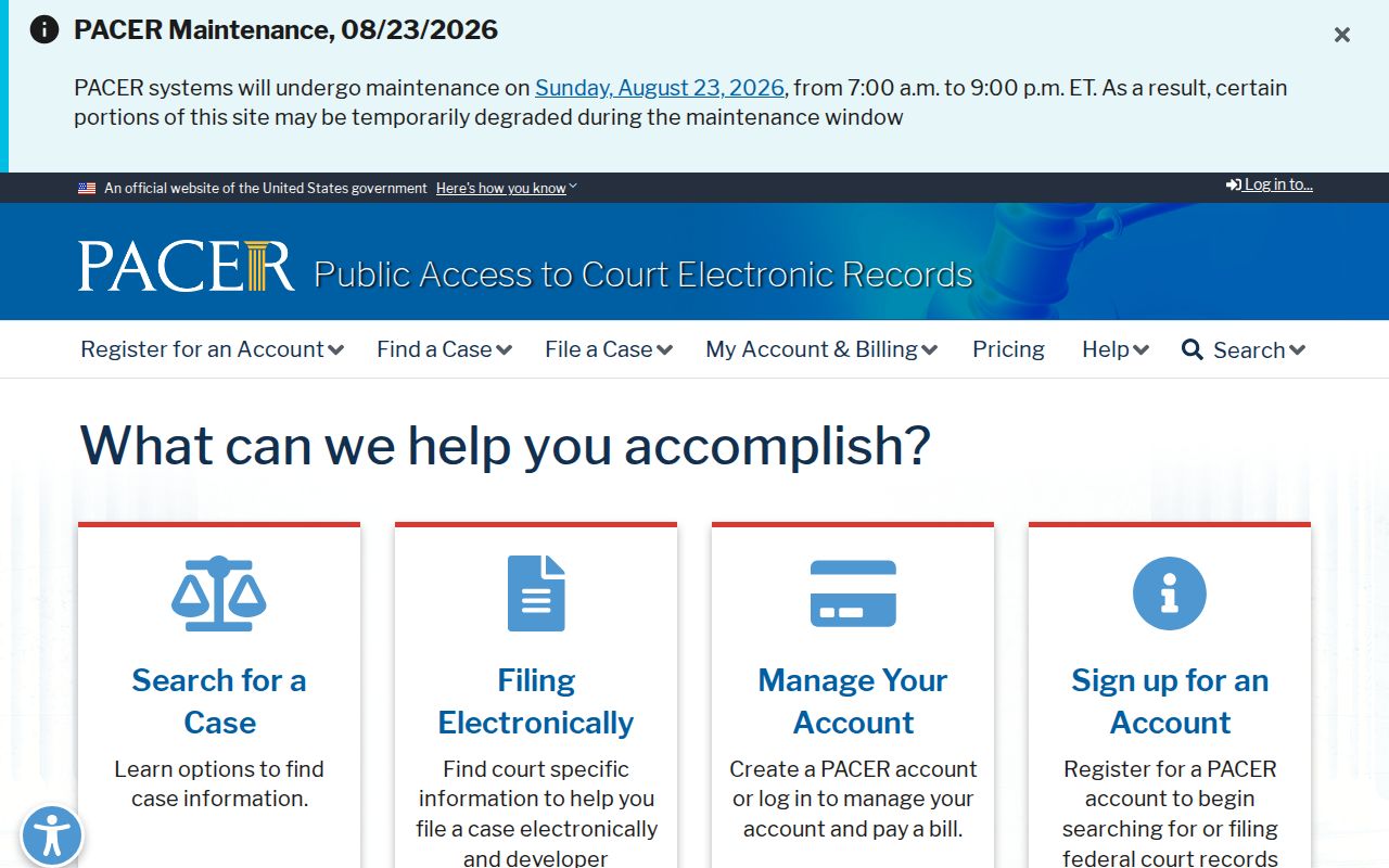 PACER federal court record access page