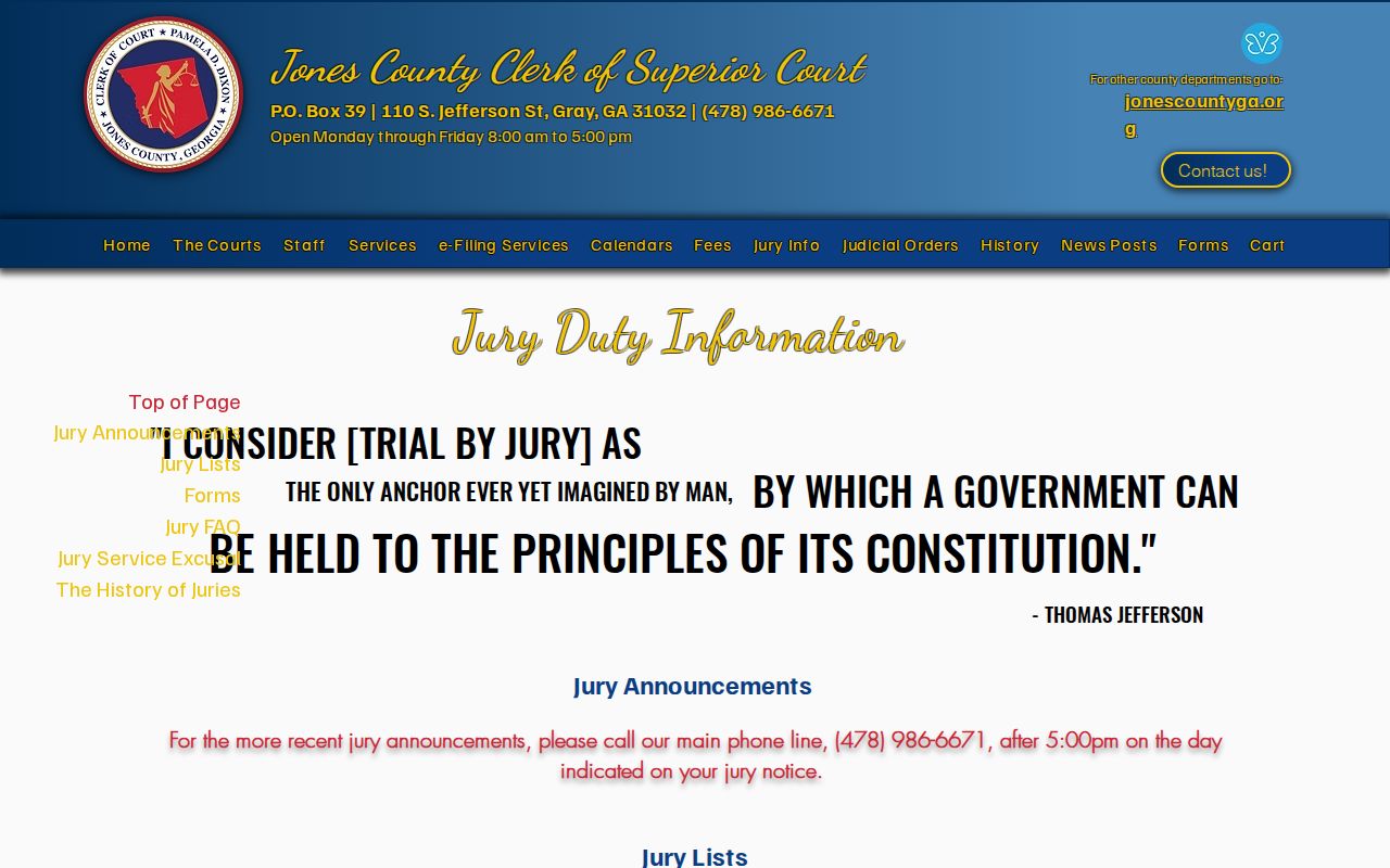 Jones County Clerk jury calendar information page