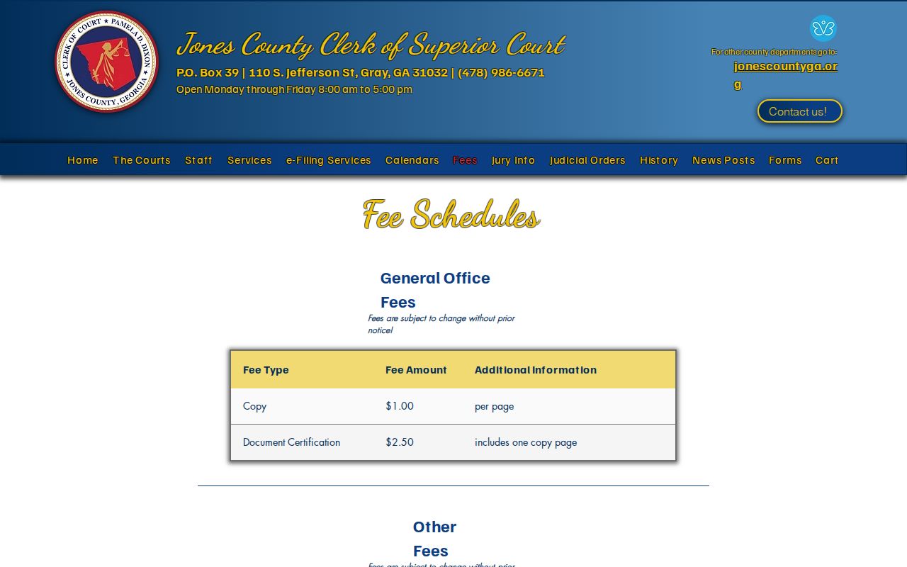 Jones County Clerk copy and certification fee page